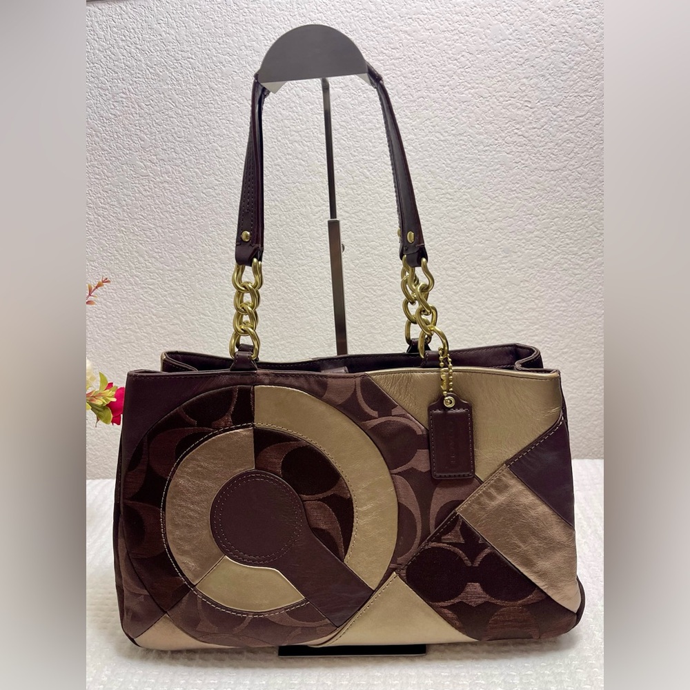Coach Brown and Tan Patchwork Shoulder Bag